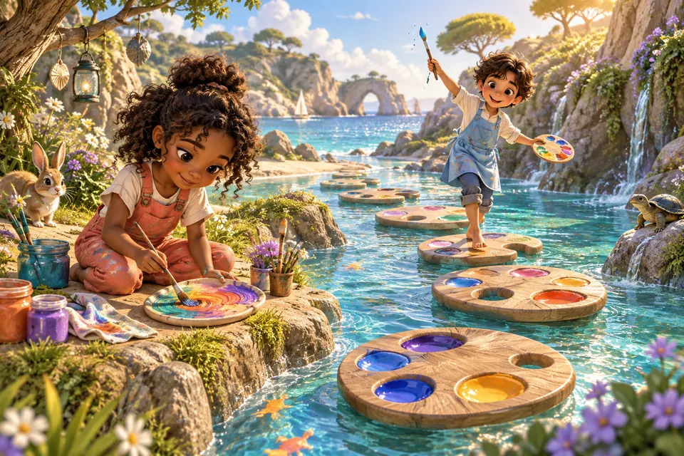 أطفال يكتشفون الألوان بجانب جدول في مملكة خيالية للرسم