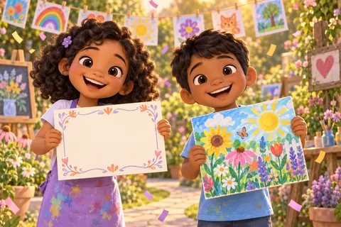 فنانون صغار يحتفلون بإكمال رسوماتهم
