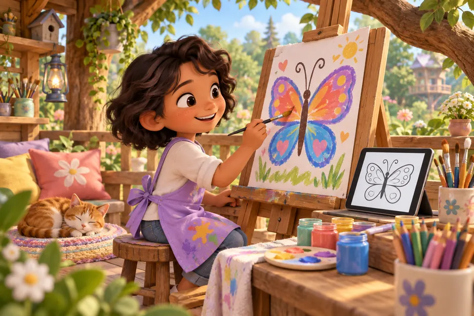 طفل يرسم فراشة في مرسم بيت الشجرة ويتابع الخطوات على جهاز لوحي